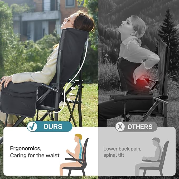 EVER ADVANCED Oversized Folding Camping Chair for Adults with Adjustable Lumbar Support Heavy Duty Chair with Side Pockets Portable Collapsible Quad Chair for Outside