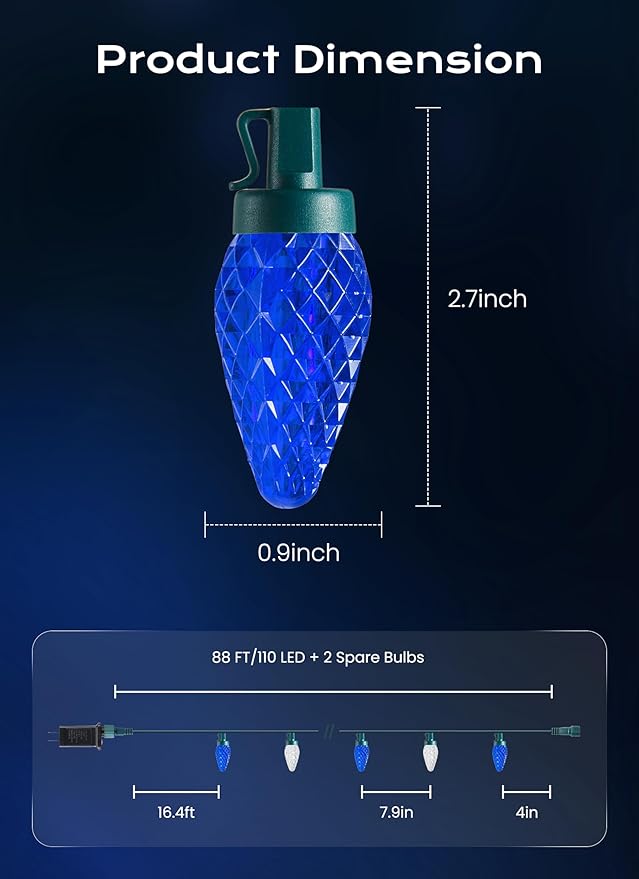 C9 Christmas Outdoor Lights 72 FT 110 LED C9 String Lights 8 Modes &amp Timer Extendable Waterproof for Christmas Tree Indoor Outdoor Roofline Patio Outside Garden Backyard Xmas Decor Blue White