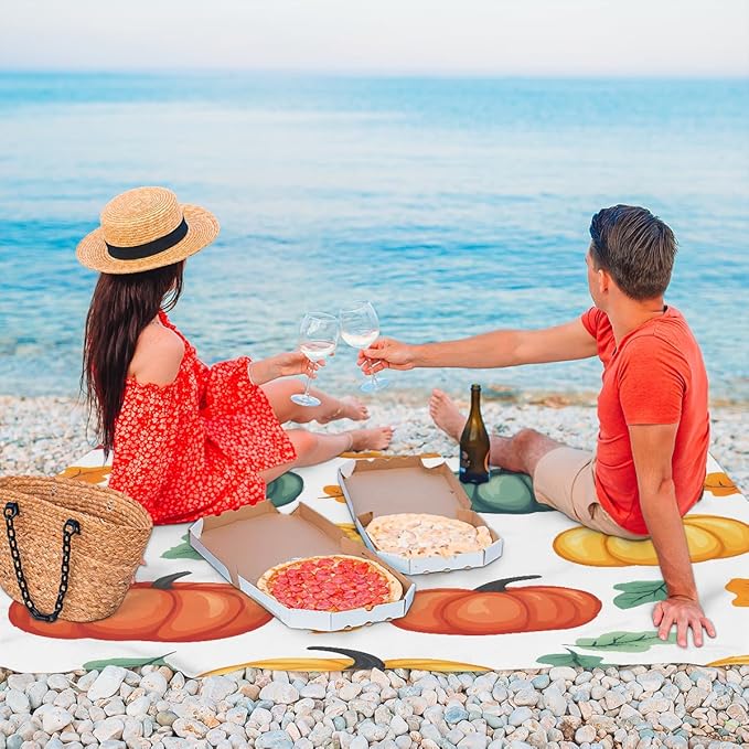 Waterproof Sandproof Beach Blanket 59''×68'' Watercolor Pumpkin Polyester Outdoor Picnic Blanket with 4 Stakes &amp Storage Bag for BeachCampingVacation White