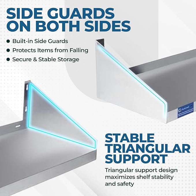 Premium Stainless Steel Wall Shelf with Side Guards | Commercial Metal Wall-Mounted Storage | NSF Certified Utility Shelf for Kitchen Garage or Laundry (30 Long x 12 Deep)