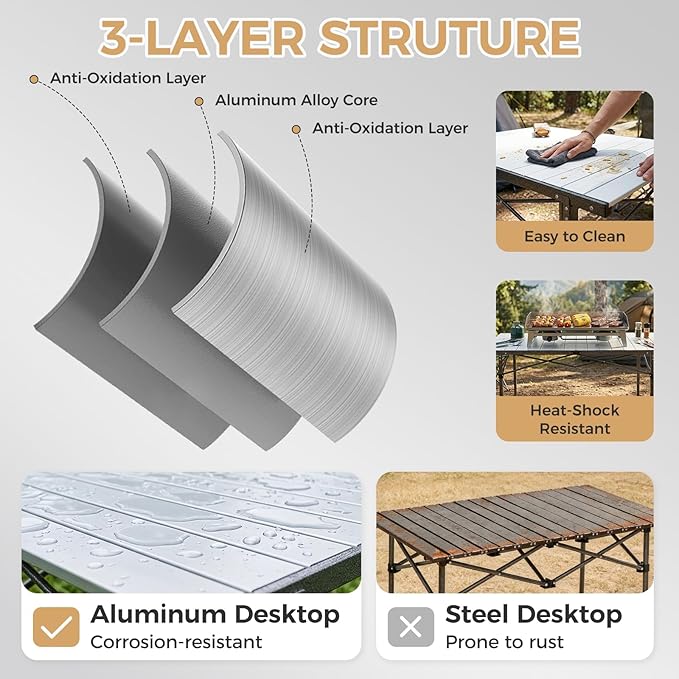KingCamp Aluminum Camping Table Foldable Large 53.5 Roll Up Camp Table Folding Seamless Tabletop Heavy Duty Duck Hunting Camping Tables Metal Portable Outdoor Collapsible for RV BBQ Picnic Hunting