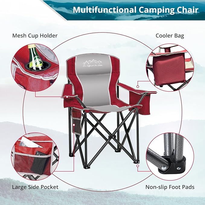 Folding Camping Chair Portable Outdoor Heavy Duty Padded Chairs Lawn Chair with Cup Holder Storage Pocket and Cooler Bag Supports 450LBS Red