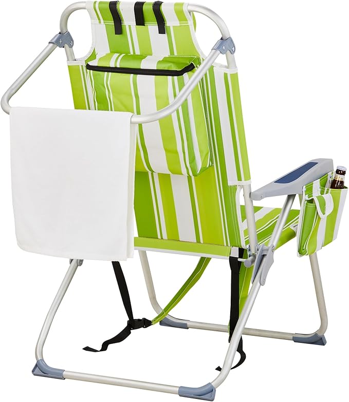 2 Pack Tall Beach Chairs for Adults 5-Position Reclining Backpack Beach Chair with Cooler Pouch Portable Lightweight Folding Aluminum Beach Chair with Cup Holder Supports 220lbs Green Stripes