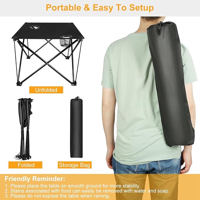 Folding Camping Side TableOutdoor Portable Camping Table W/2 Cup Holders&ampCarrying BagSteel Frame600D Oxford FabricLightweight Foldable Table for Beach Picnic Hiking Fishing