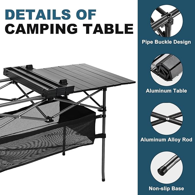 Lightweight Aluminum Folding Camping Table (47” x 21.65” x 26.7”) Portable Roll-Up Design for Outdoor Camping Beach BBQ Patio and Picnic Durable &amp Waterproof with Carrying Bag