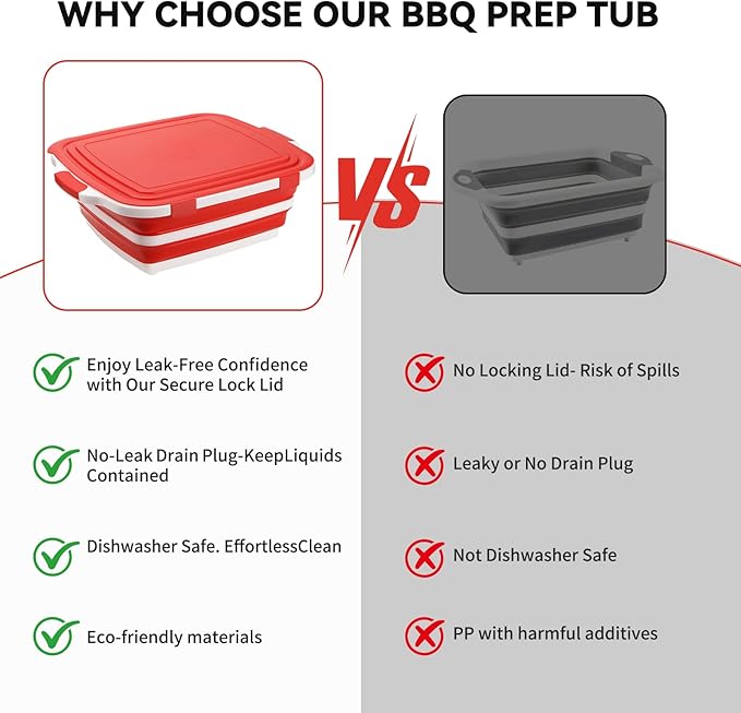 Collapsible BBQ Prep Tub for Meal Prep MarinatingFood Storage picnics camping barbecuescutting fruits and vegetables - Includes Cutting Board and Locking Lid(X-Large) Red