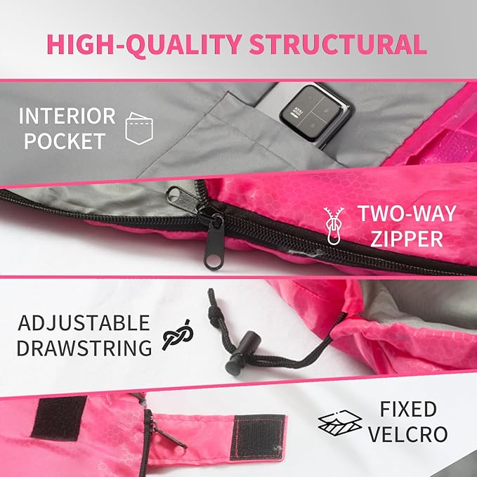 Sleeping Bags Camping Sleeping Bag for Adults 3 Season Warm &amp Cool Weather Lightweight Waterproof Sleeping Bags for Indoor Outdoor Camping Traveling Backpacking Pink/Blue/Black