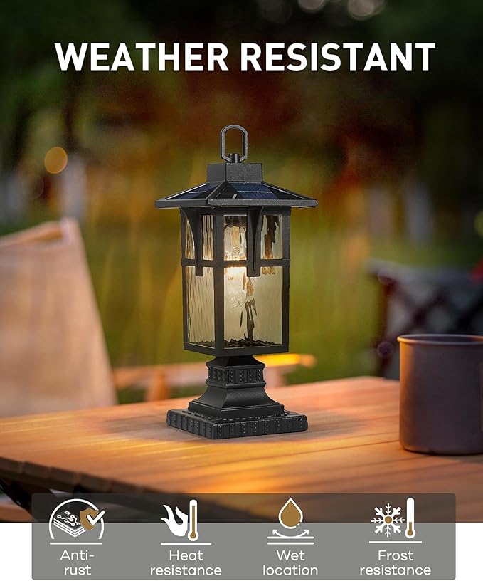 Solar Post Lights Outdoor HWH Exterior Lamp Post Light Fixture Waterproof Pier Mount Light with Water Ripple Glass Patio Garden 5HX62P-ML SL BK
