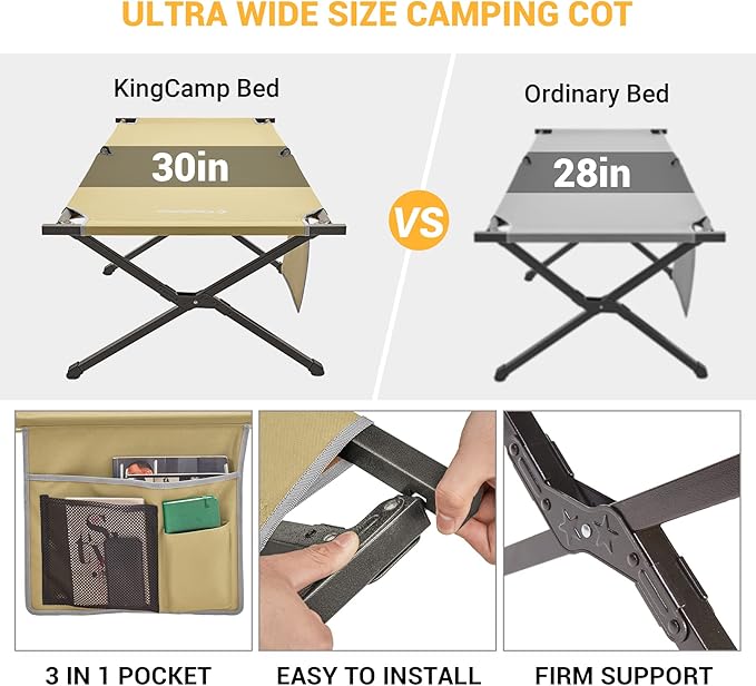 Kingcamp Camping Cot Portable Sleeping Cot for Adults Heavy Duty 81x 30 Oversized Camp Cots with Pocket Folding Outdoor Camping Bed for Travel Camp Beach HikeOutdoor and Indoor Use(Beige)