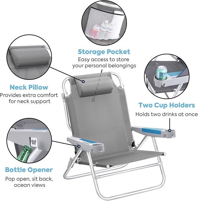 ICECO Backpacking Beach Chairs for Adults 5 Positions Reclining Chair Heavy Duty Folding Chairs Portable Lay Flat Outdoor Chair with Cup Holder for Beach Camping Lawn 350lb Capacity