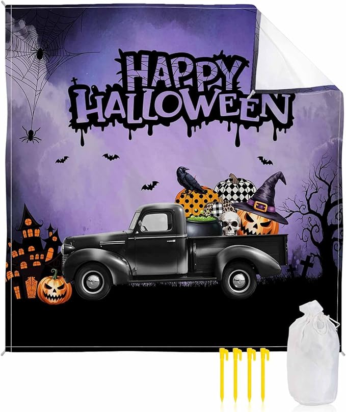 Beach Blanket Waterproof Sandproof OversizedHalloween Farm Truck Pumpkin Ghost Skull Crow Beach Mat with Corner Stakes Sand PocketsHaunted Castle Purple Fog Outdoor Picnic Mat for Travel83x79In