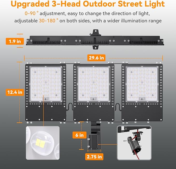 2025 New Upgraded 300W Dusk to Dawn LED Parking Lot Light 45000lm 5000K ETL IP67 Waterproof Adjustable 3-Head Street Lights Outdoor Pole &amp Wall-Mounted Security Flood Lights for Yard