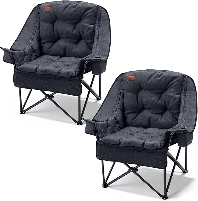 EVER ADVANCED 2 Set Camping Chair with Detachable Cushion Mesh Chair for Adults Foldable Oversized Heavy Duty Folding Chair with Cooler Mesh Pocket Cupholder Outdoor Fishing Supports 400LBS Black