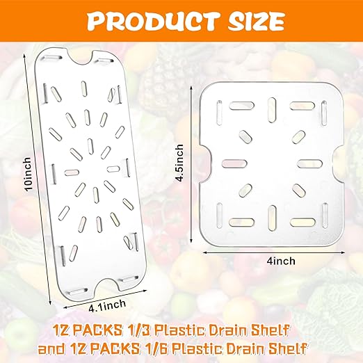 24 Pcs Plastic Drain Shelf for 1/3 1/6 Size Food Pan Clear Plastic Grate Acrylic Food Drain Trays Plastic Drain Pan Clear Drain Trays for Food Fruit Vegetables Teapot Dish Kitchen Restaurant