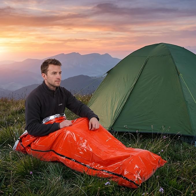 6 Pack Emergency Survival Sleeping Bags Orange Thermal Bivy Sack Blanket Lightweight Portable Waterproof Aluminized Space Blanket with Whistle for Camping Hiking Outdoor Adventure