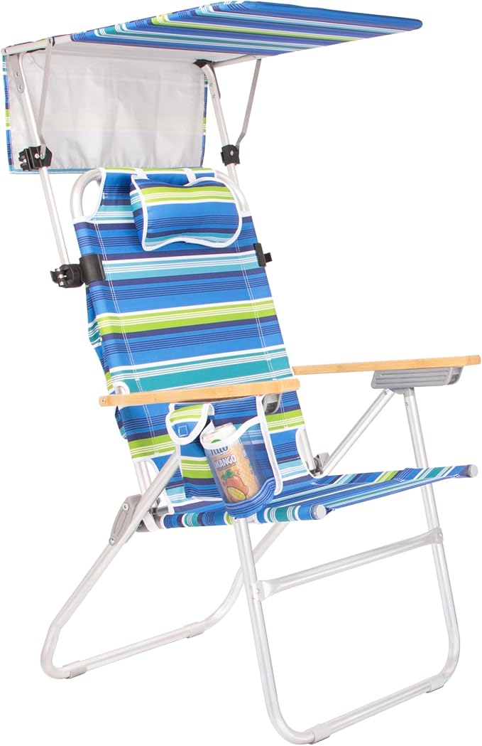 Heavy Duty Tall Beach Chair with Canopy Shade for Adults 17 High Off Ground 4-Position Reclining Insulated Cooler &amp Storage Pouch Bamboo-Finish Arms 300 lb Capacity