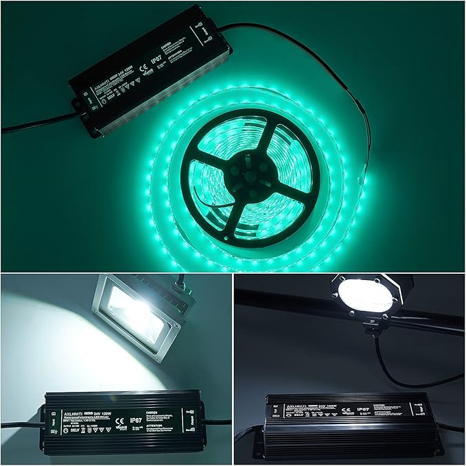 LED Power Supply - 120W IP67 Waterproof 24V DC for LED Strip Lights 100V-265V AC Input 3-Prong Plug with 3.3 Feet Cable