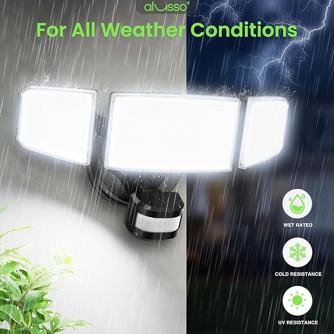 ALUSSO LED Security Lights Motion Sensor 120V 60W 6000LM 3 Modes Flood Lights Outdoor Motion Sensor 3CCT 3 Heads Outdoor Security Light Wet Location Use for House Garage Yard Walkway Black