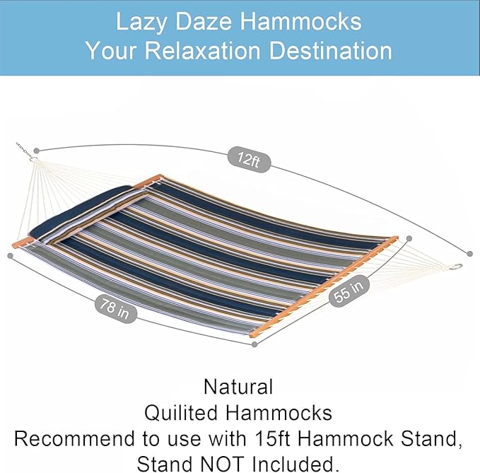 Lazy Daze Hammocks 12 FT Quilted Fabric Double Hammock with Spreader Bars and Detachable Pillow 450lbs Weight Capacity