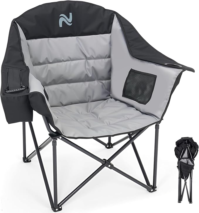 NAIZEA Padded Camping Chairs with Cooler Bag Folding Camping Chair for Adults Outdoor Heavy Duty Heated Lawn Chair for Camp Garden Firepits Patio &amp More