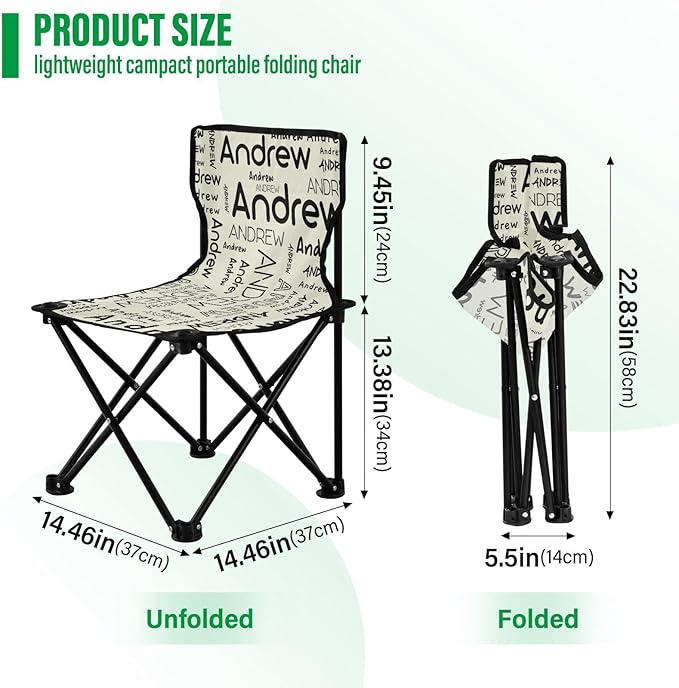 Sinestour Beige Custom Folding Camping Chair for Teen Child Personalized Name 14.6×14.6in Portable Outdoor Chair with Carry Bag for Picnic Barbeques Beach