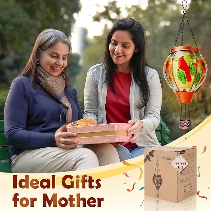 Solar Hot Air Balloon Lantern with Flame Cardinal Glass Solar Hanging Lights Outdoor Yard Patio Farmhouse Decoration Cardinal Gifts for Women Grandma Mom(4 Pack)