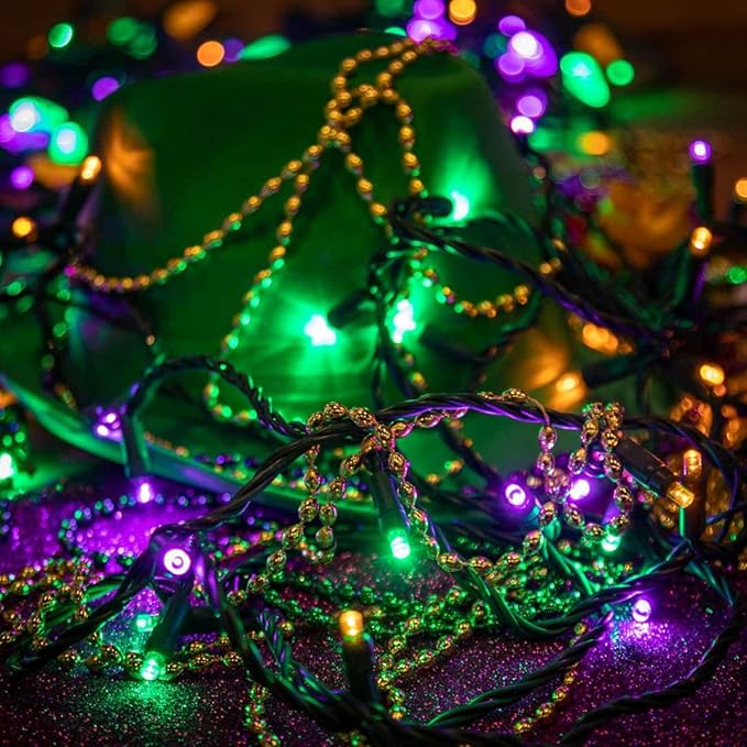 Novelty Lights 50ft 100 LED Yellow/Purple/Green Mardi Gras Lights Outdoor/Indoor 6 Spacing Green Wire String Lights for Festive Xmas Lighting IP55 UL Listed Dimmable Connectable