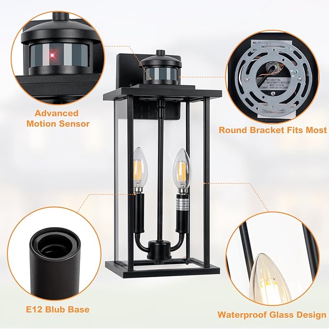Large Motion Sensor Outdoor Sconce 2-Pack 16 Black Dusk to Dawn Wall Light Outdoor Wall Mount Fixtures 2-Light Exterior Waterproof Wall Lights Doorway House Front Door Patio Garage