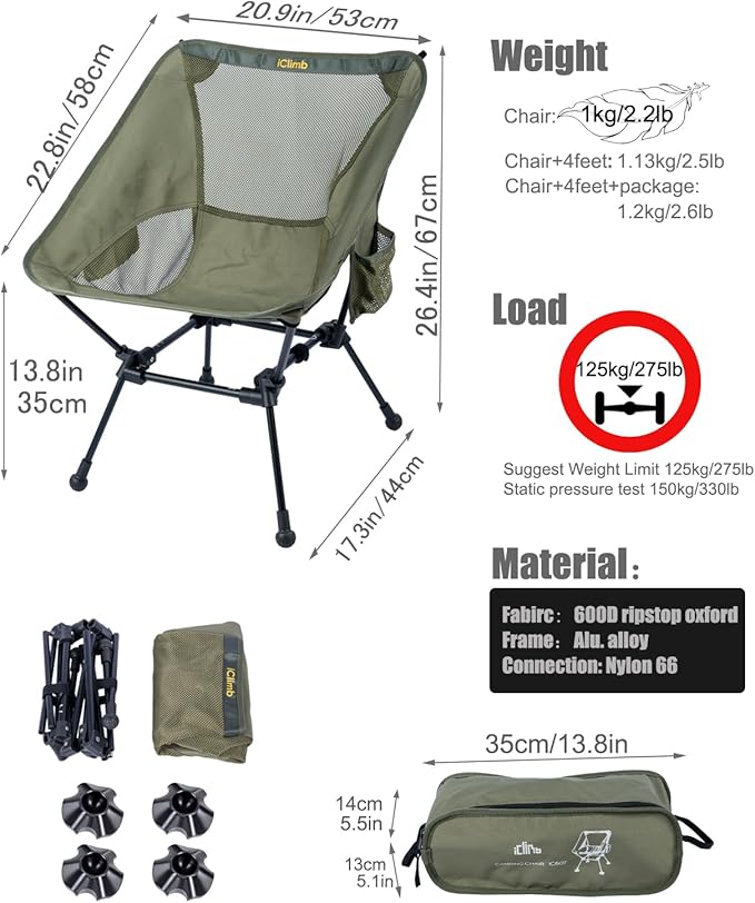 iClimb 1 Folding Table and 2 Anti-Sinking Chair Bundle Ultralight Compact for Adults Outdoor Beach Backpacking Hiking Camping Beach Concert Party Adventuring