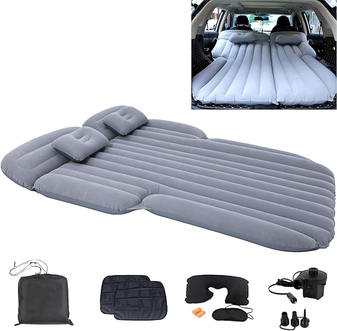 Inflatable SUV Air MattressThickened Flocking Car Travel Camping Bed with 2 Pillows &amp Air PumpPortable Car Sleeping Mattress for SUV Trunk and Rear