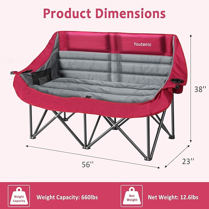 Oversized Double Camping Chair Folding Loveseat Camping Couch with Pocket Cup Holder and Carry Bag Heavy Duty Portable Camping Chairs for Adults Fishing Sports Trip up to 660lbs Red