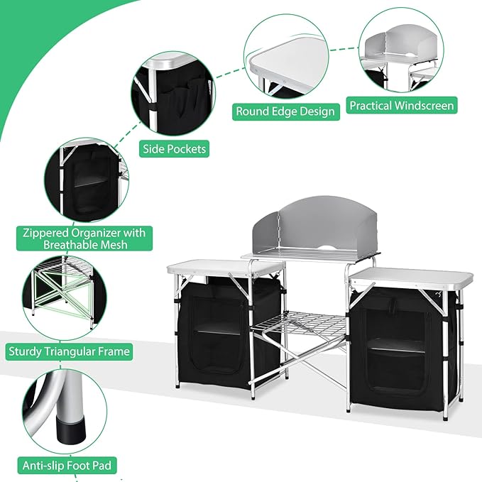 GYMAX Folding Camping Table Portable Kitchen Table with 2 Zipper Organizer Shelf &amp Wind Screen Foldable Cooking Table for Camping Hiking Picnic BBQ (Black)