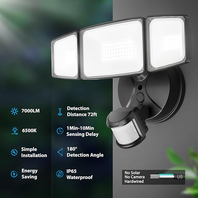 Onforu 75W LED Flood Light Motion Sensor Outdoor 7000lm Dusk to Dawn Flood Light Security Light with Three Head IP65 Waterproof Exterior Floodlight 6500k Wall Light for Entryway Stairs Yard Garage