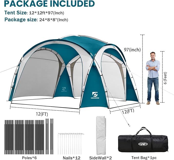 Beach Tent 12 X 12ft Large UPF50+ Pop Up Canopy with 2-Pcs Side Wall Sun Shelter Rainproof Waterproof for Camping Trips Backyard Fun Fishing Parties Or Picnics(Ocean Blue)