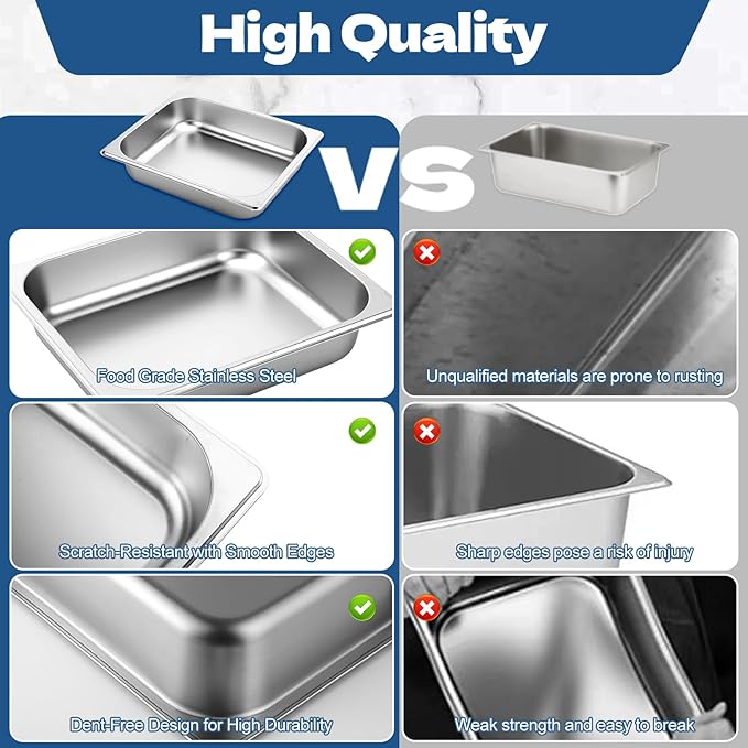 6 Pack Hotel Pans Half Size 1/2 Size 2.5 Inch Deep Stainless Steel Steam Table Pan Catering Food Storage Metal Pan Metal Food Pans for Home Party Hotel Buffet Restaurant