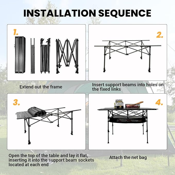 KINGROCK Camping Table Foldable Height Adjustable Aluminum Roll Up Table with Easy Carry Bag for Outdoor Camping Backyard BBQ Beach and Picnic (Black)