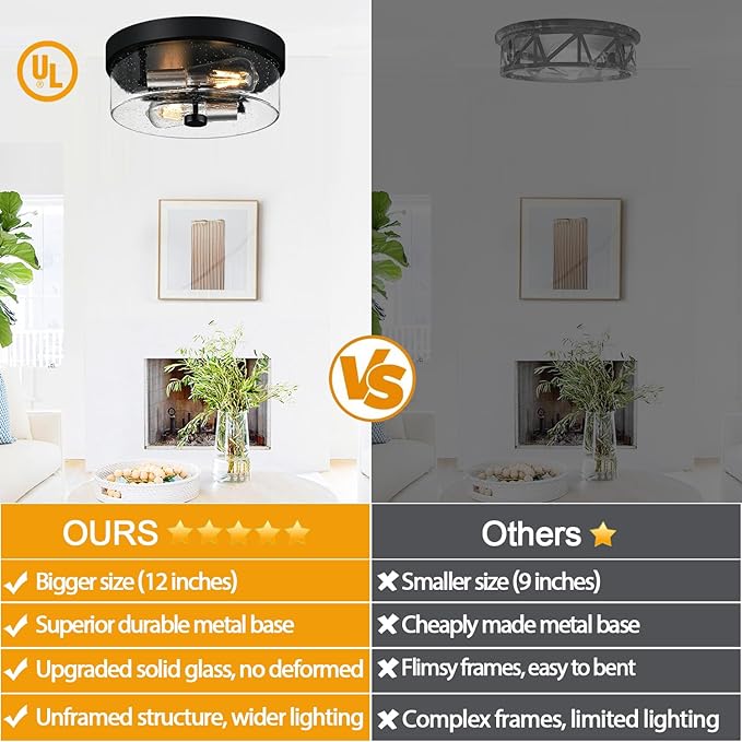 Flush Mount Ceiling Light Fixtures 2-Light Black and Silver Ceiling Mount for Farmhouse with Seeded Glass Lampshade Industrial Flush Mount Light Fixture for Hallway Kitchen Entryway and Foyer