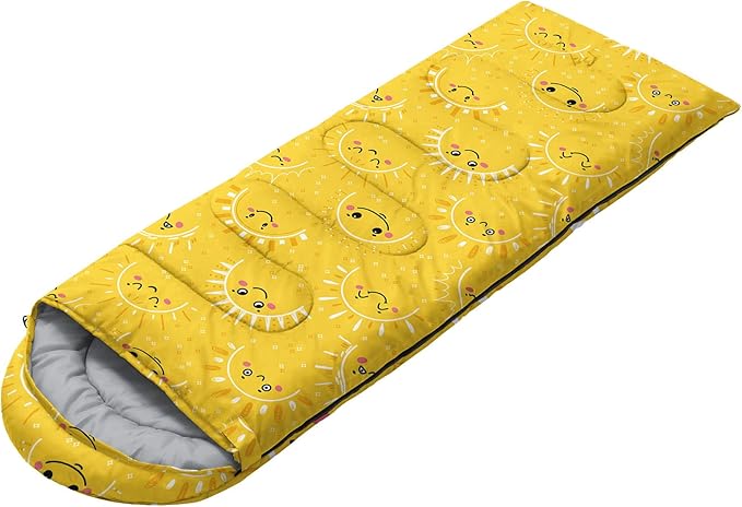 Kids Sleeping Bag for Boys GirlsCartoon Sun Print-Lightweight Warm Portable Outdoor Indoor-Waterproof Cold Weather Resistant Sleeping Bag for Camping Hiking(Cartoon Sun)
