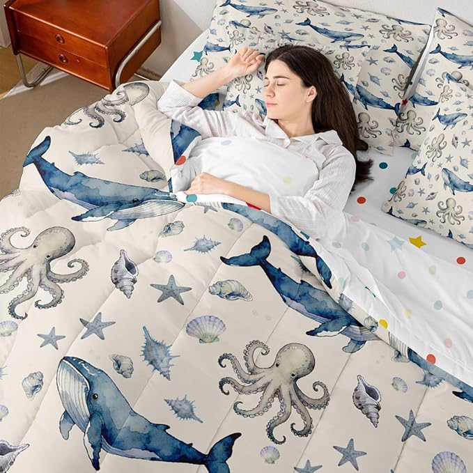 Octopus Whale Comforter Set with SheetsPillowcases &amp Cushion Cover Sealife Sea Animal 7 Piece Bedding Set for Kids Boys Girls Teens Room Decor Ocean Fish Bed in a Bag Twin Size Underwater Microfi