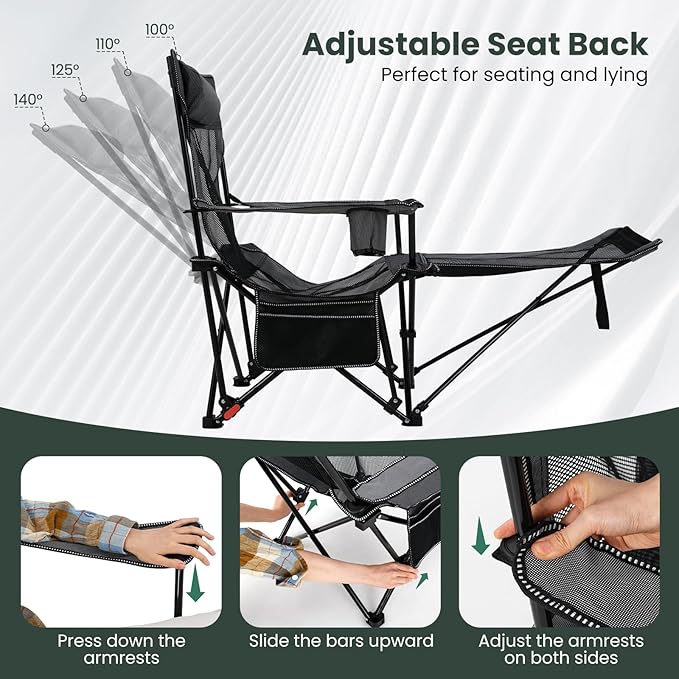 Tangkula Reclining Camping Chair 2 in 1 Porable Folding Lawn Chair with Removable Footrest 4-Position Adjustable Backrest Cup Holder &amp Side Pocket Carry Bag (1Gray)