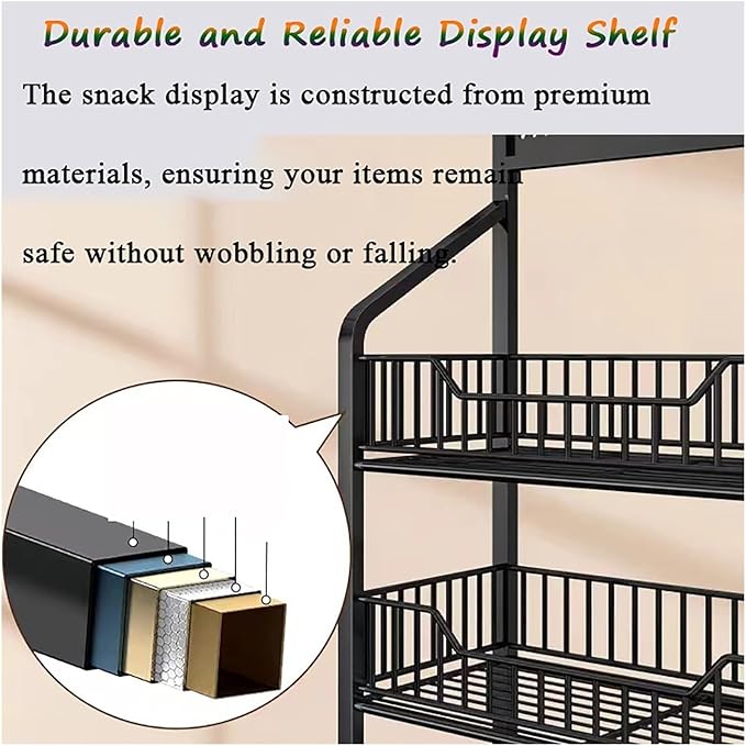 5-Tier Metal Snack Display Rack for Markets - Versatile Floor Stand Shelf for Chips Fruits &amp More -