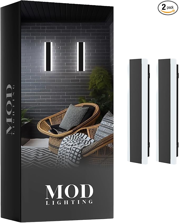 MOD LIGHTING Haylen Wired LED Outdoor Wall Light (2-Pack) 12 Water Resistant Outdoor LED Sconce Remote Dimming Modern Wall Sconces for Patio Garage Black