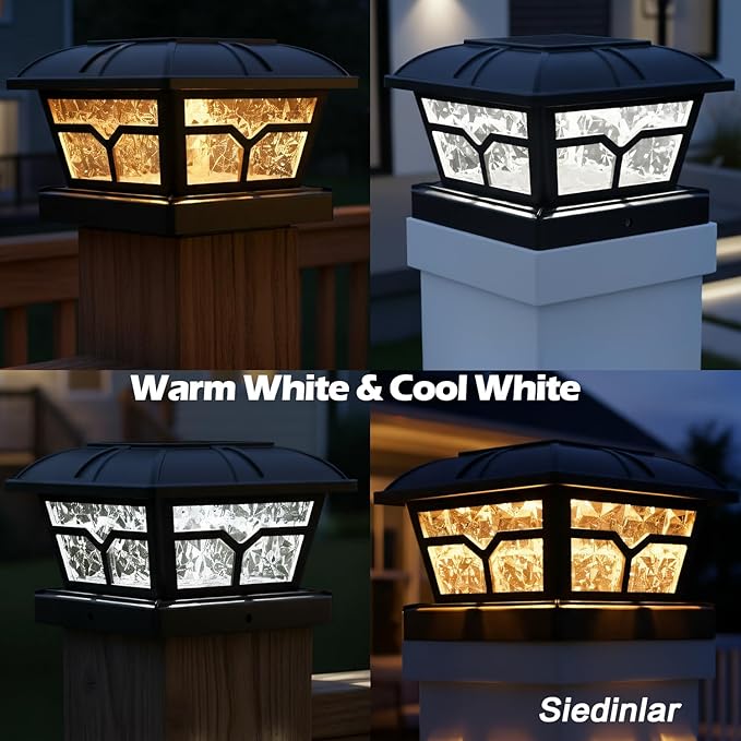 SIEDiNLAR Solar Post Cap Lights Outdoor 2 Color Modes 8 LEDs for 4x4 5x5 6x6 Posts Fence Patio Deck Decoration Warm White &amp Cool White Lighting Black (6 Pack)
