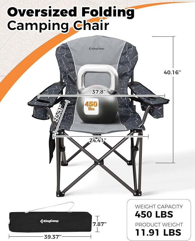 KingCamp Oversized Camping Folding Chair Heavy Duty 450 LBS with Bamboo Folding Table4-Fold Portable Camping Table with Visual Adjustable Height