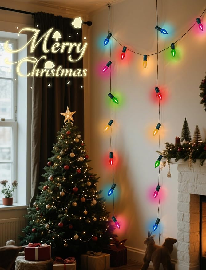 26Ft C7 LED Multicolor Christmas Lights Outdoor Vintage Christmas String Lights with 27 Clear Colored LED Bulbs Hanging Old Fashioned Xmas Decorations for Outside Holiday Party Garden Green Wire