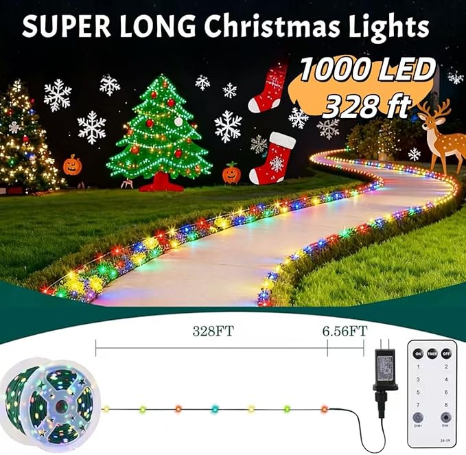 HYH Christmas Lights Outdoor 1000 LED 328FT String Lights Multicolored IP67 Waterproof Indoor Christmas Fairy Multifunction Roll Light with Remote for Garden Tree Patio Balcony Xmas Party Decor