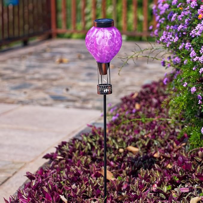 Solar Garden Lights Outdoor with Hot Air Balloon Stake Garden Lights Solar Waterproof Flickering Lantern Lawn Pathway Patio Decor(Purple)