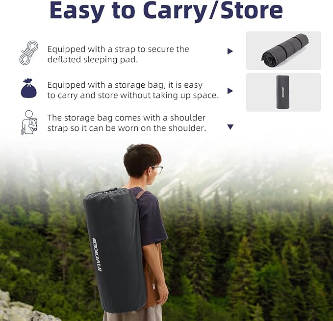 INVOKER Camping Sleeping Pad 3.15” Memory Foam Fast Self Inflating Insulated Durable Camping Mat Air Mattress with Pillowfor Tent Traveling Car Camping Grey
