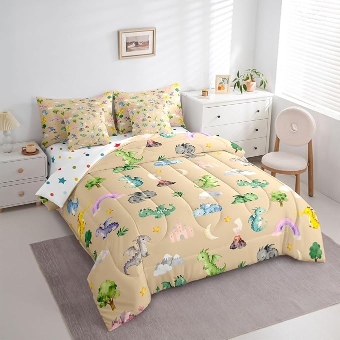 Baby Dragon 7 Piece Bedding Set King Size Animal Comforter Set with SheetsPillowcases &amp Cushion Cover for Boys Girls Bedroom Decor Cartoon Wildlife Bed in a Bag Microfiber Women Men Brown Beige