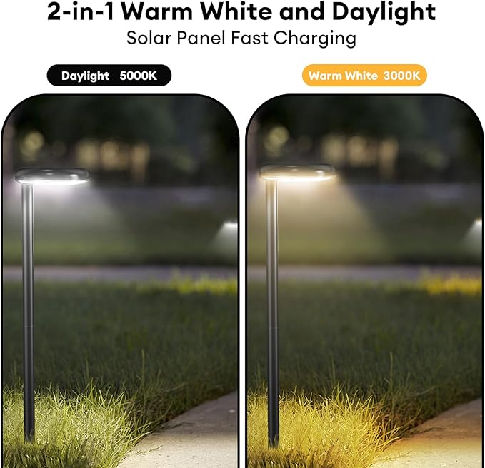 Solar Pathway Lights - Super Bright 300 Lumens with 2-in-1 Warm White &amp Daylight Color Solar Path Lights for Pathway Sidewalk Driveway GardenParterre etcLandscape Lighting (2-Pack)